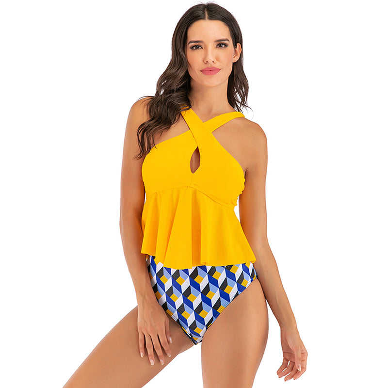 Yellow Geometric Print Bottom Cross Ruffled Tankini Set TQK610148-7