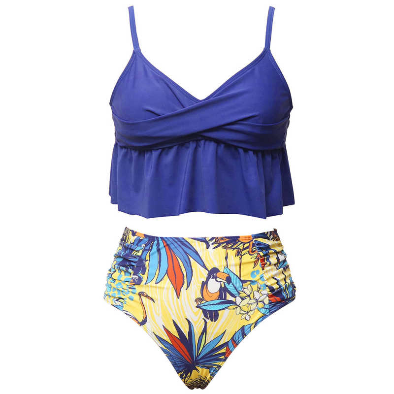 Blue Printed Ruffle Tie Back Tankini Swimwear TQK610301-5