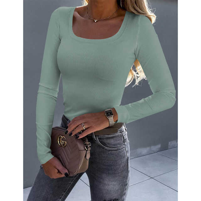 Greyish Green U Neck Ribbed Long Sleeve Bodysuit TQV220126-50
