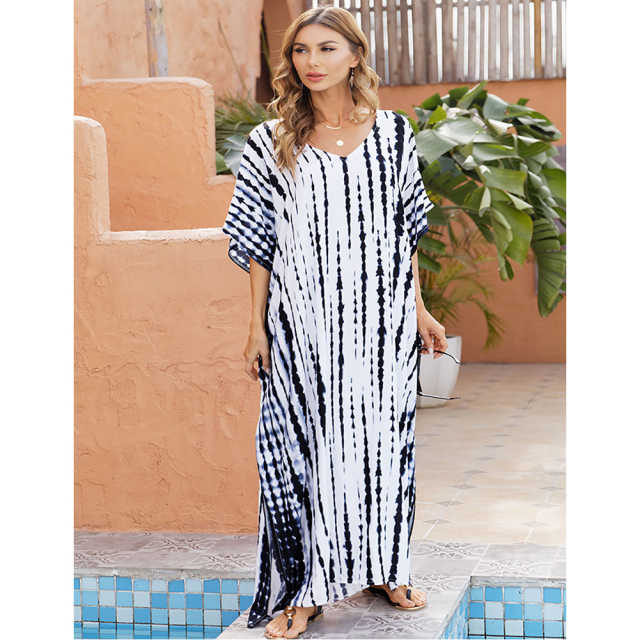 Navy Blue Tie Dye Loose Kimono Beach Cover TQK650092-34