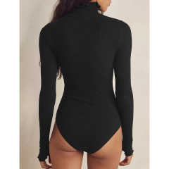 Black Ribbed High Collar Long Sleeve Bodysuit TQV220125-2