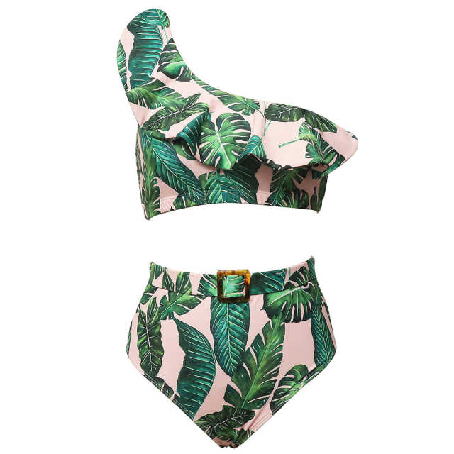 Green Printed One Shoulder Ruffle Bikini Swimwear TQK610299-9