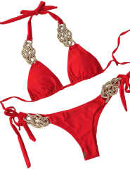Red Knit Handmade Halter 2pcs Bikini Swimsuit TQK610327-3