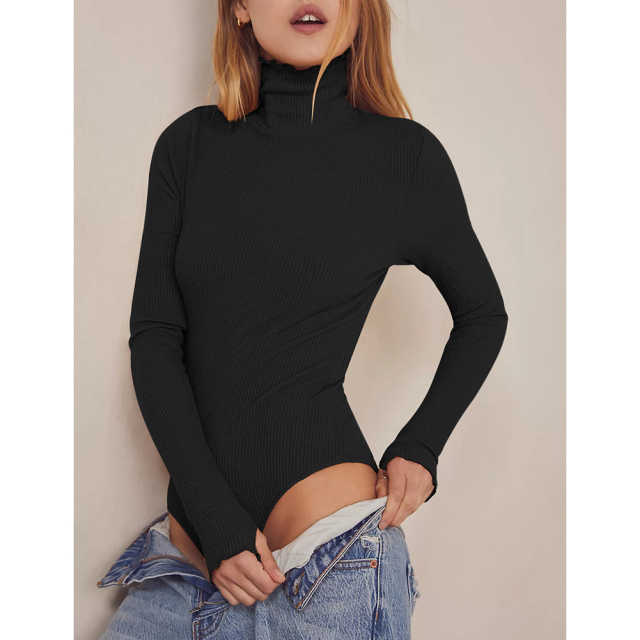 Black Ribbed High Collar Long Sleeve Bodysuit TQV220125-2