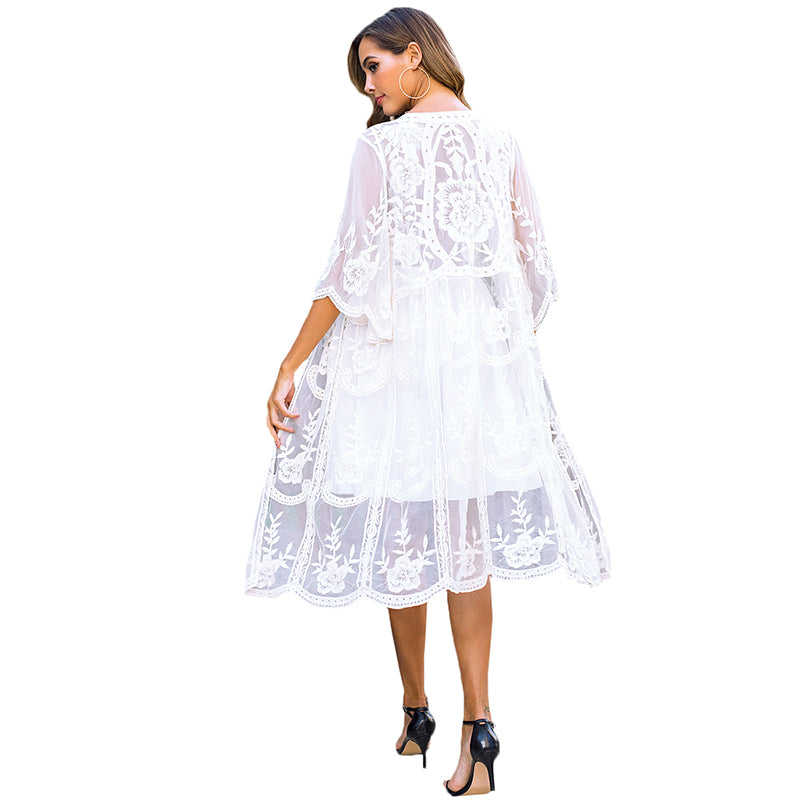 White Floral Print Mesh Embroidery Cover up TQK650036-1