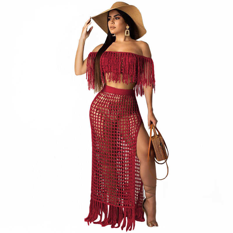 Red Off Shoulder Crop Top and Maxi Skirt Beach Cover