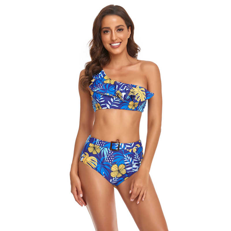 Blue Printed One Shoulder Ruffle Bikini Swimwear TQK610299-5