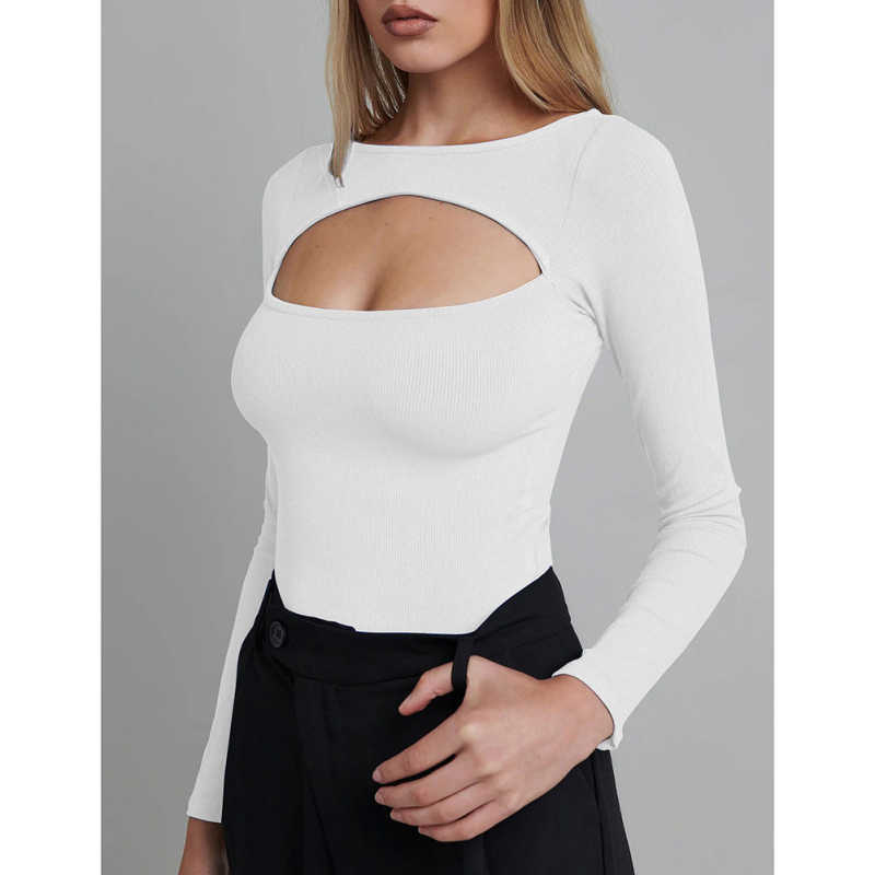 White Ribbed Cut-out Long Sleeve Bodysuit TQV220110-1