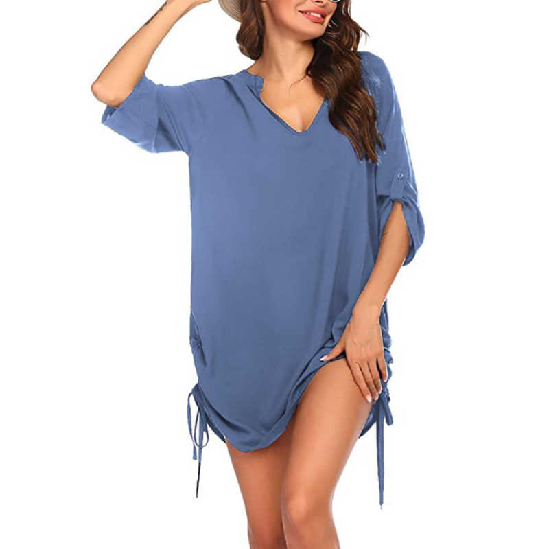 Blue V Neck Drawstring Beach Cover Dress TQK650071-5