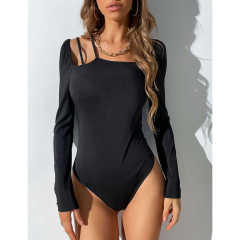 Black Rib Asymetrical Slim Fit Long Sleeve Bodysuit TQV220135-2