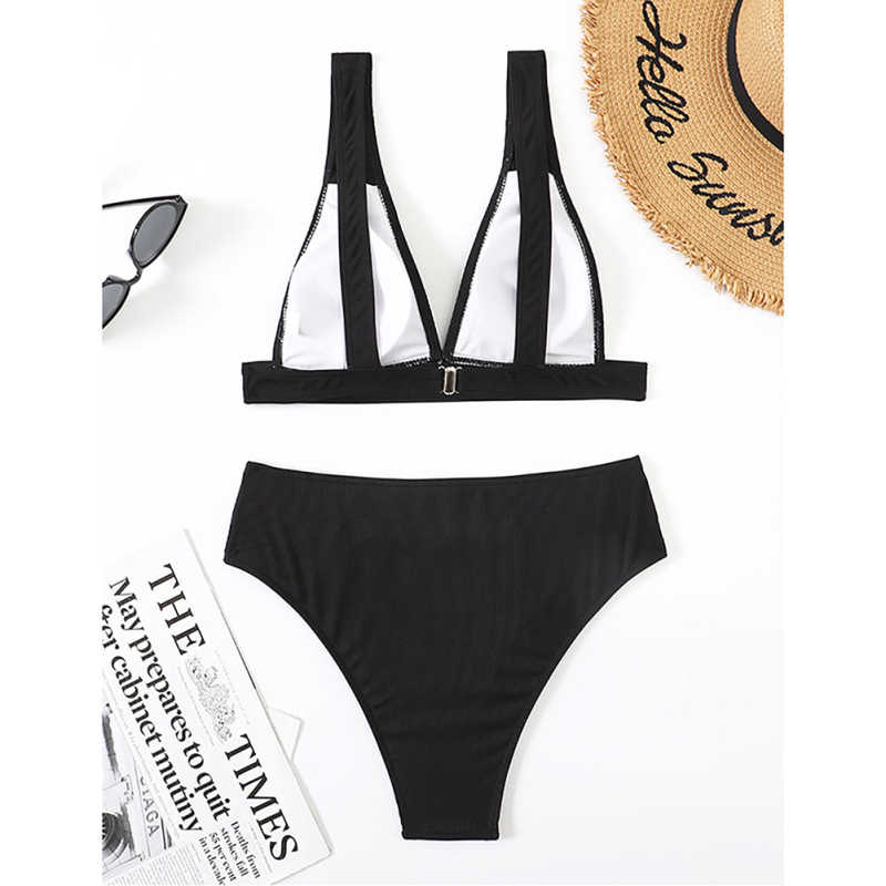 Black Solid V Neckline 2 Piece Bikini Set TQK610269-2