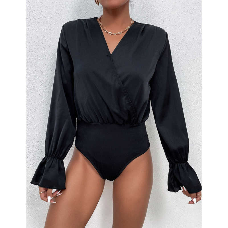 Black V Neck Wrap Long Sleeve Bodysuit TQV220137-2