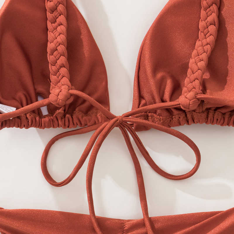 Rust Red Braided Rope Triangle Bikini Set TQK610280-33