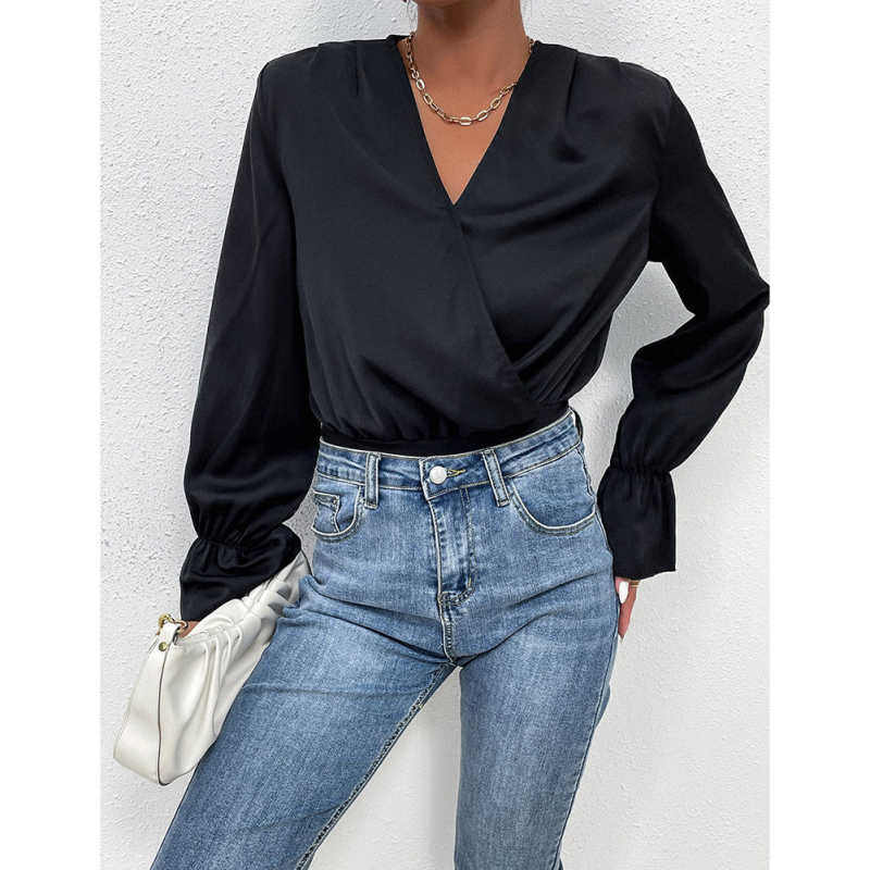 Black V Neck Wrap Long Sleeve Bodysuit TQV220137-2