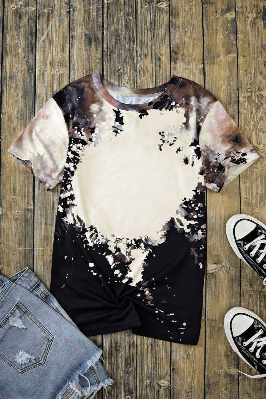 Black Blank Apparel- Bleached Dyed Print O-neck Graphic T Shirt LC25220612-2