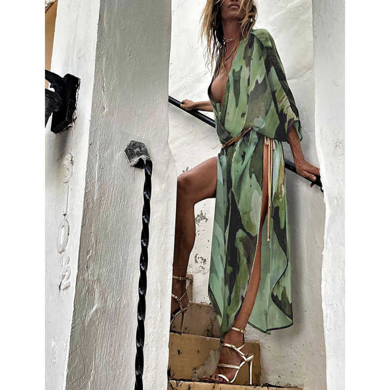 Light Green Print Chiffon Kimono Beach Cover Up TQK650082-28