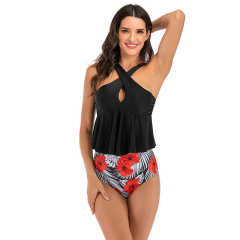 Black Floral Print Bottom Cross Ruffled  Tankini Set TQK610148-2