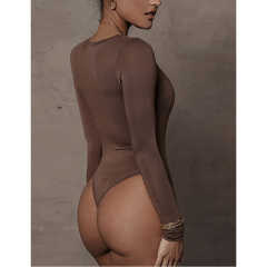 Coffee V Neckline Long Sleeve Bodysuit TQK550263-15