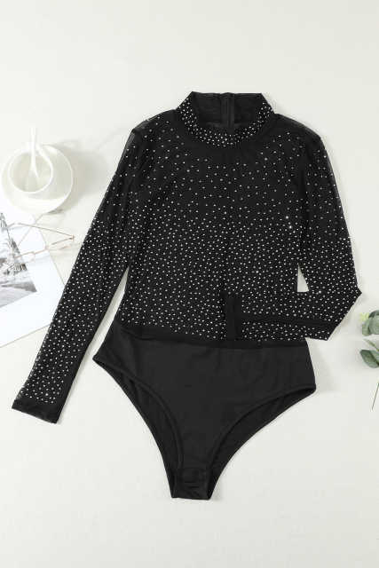 Black Mesh Silver Studded Mock Neck Bodysuit LC32211-2