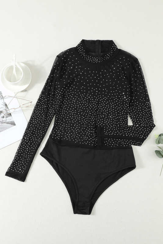 Black Mesh Silver Studded Mock Neck Bodysuit LC32211-2