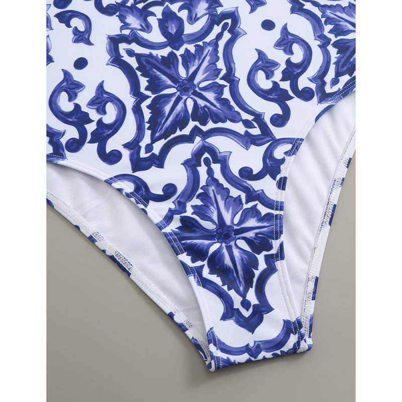Blue and White Porcelain Printed Steel Boned One Piece Swimwear TQX620045-5