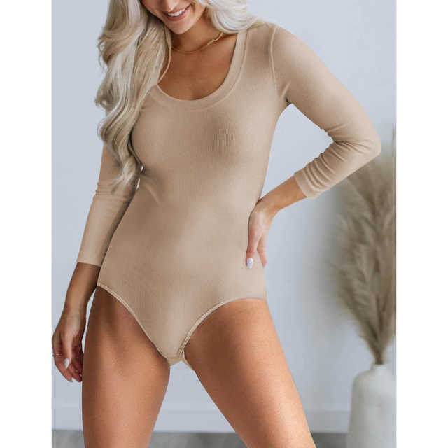 Apricot U Neck Ribbed Long Sleeve Bodysuit TQV220126-18