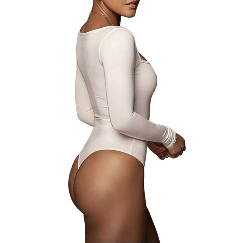 White Square Neck Long Sleeve Bodysuit TQK550262-1