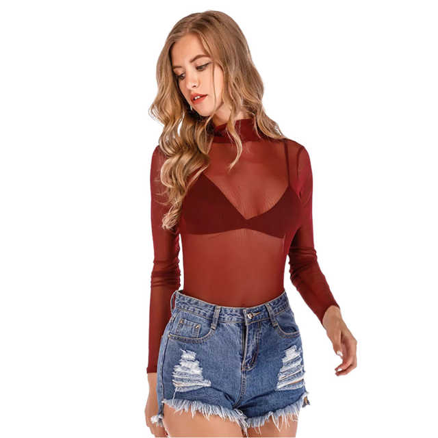 Red Sheer Mesh High Collar Long Sleeve Bodysuit TQK550286-3