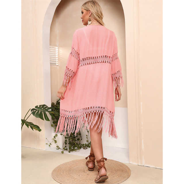 Pink Solid Crochet Splice Tassel Kimono Beach Cover TQK650118-10
