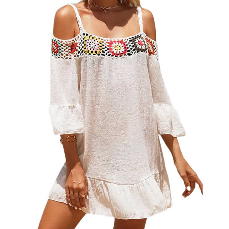 White Cold Shoulder Beach Cover Ups TQK311480-1