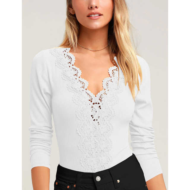 White Lace V Neck Long Sleeve Bodysuit TQV220109-1