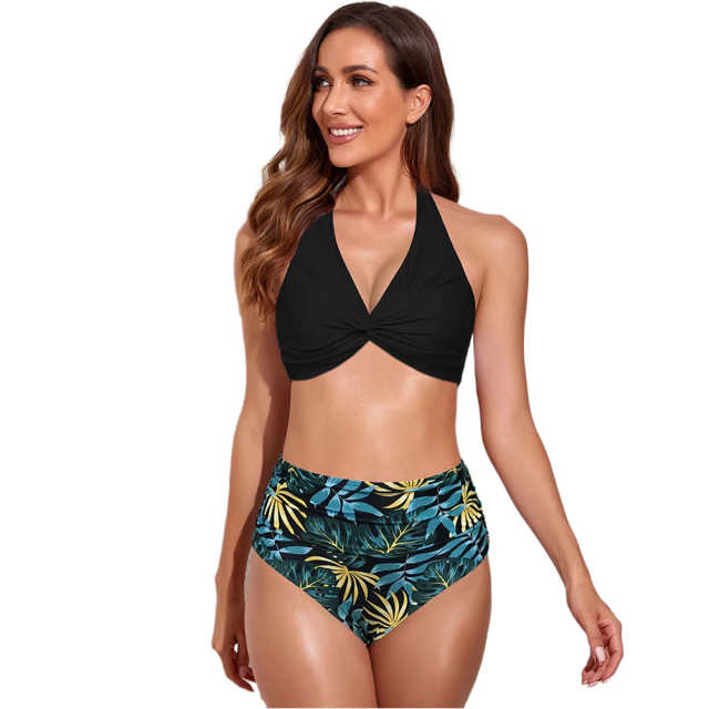 Black Front Twist with Green Bottom Bikini Swimsuit TQK610321-9
