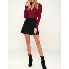 Burgundy Lace V Neck Long Sleeve Bodysuit TQV220109-23