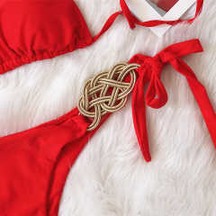 Red Knit Handmade Halter 2pcs Bikini Swimsuit TQK610327-3