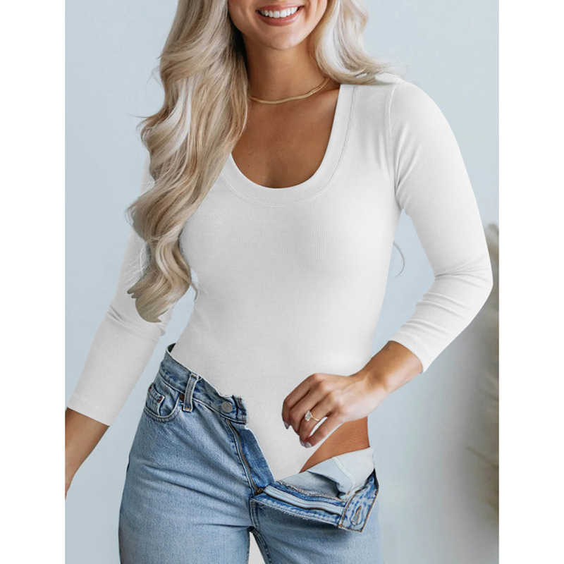White U Neck Ribbed Long Sleeve Bodysuit TQV220126-1
