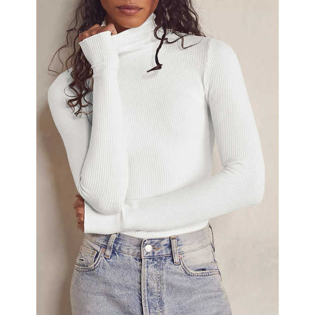 White Ribbed High Collar Long Sleeve Bodysuit TQV220125-1