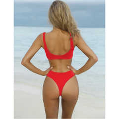 Red Solid Front Tie Bikini Swimwear TQK610307-3