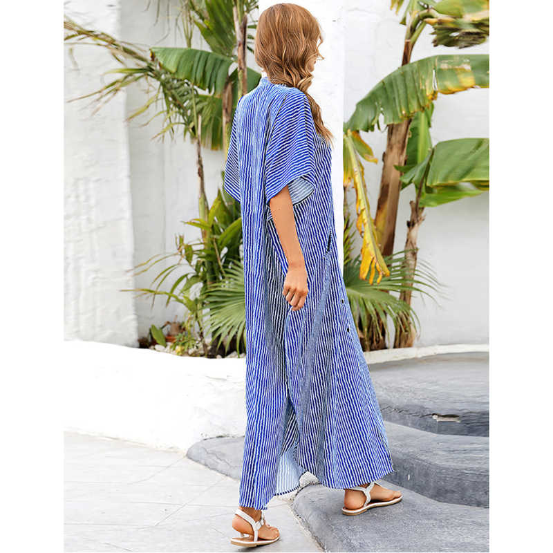 Blue White Button-down Holiday Beach Kimono Dress with Pocket TQK650094-9