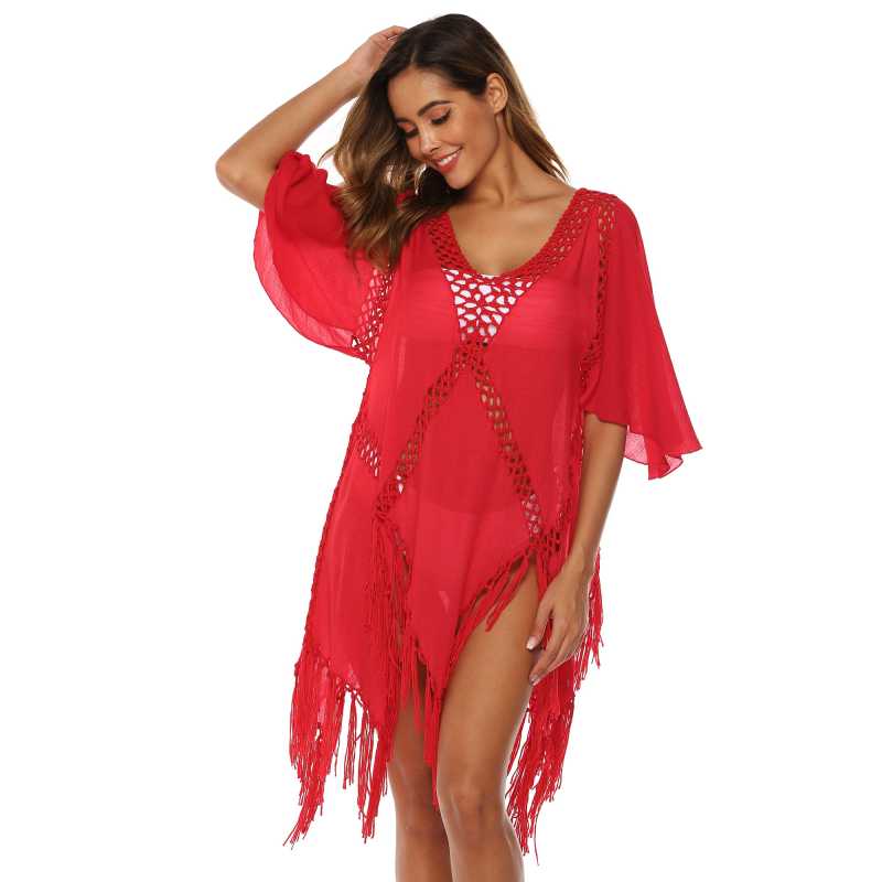 Red Hollow Out Tassel Beach Cover up GJZ00205-3