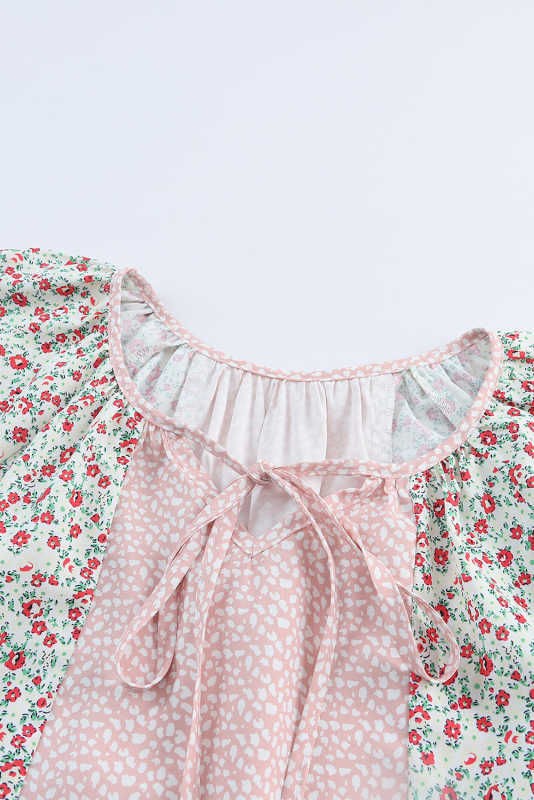 Pink Plus Size Dotty Floral Patchwork Tassel Tie V Neck Top PL251868-10