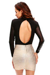 Black Long Sleeve Bodysuit With Back Open LC32062-2