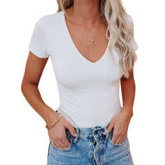 White Deep V Neck Short Sleeve Bodysuit TQK550252-1