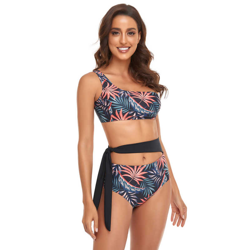 Red One Shoulder Tie Waist Bikini Swimwear TQK610297-3