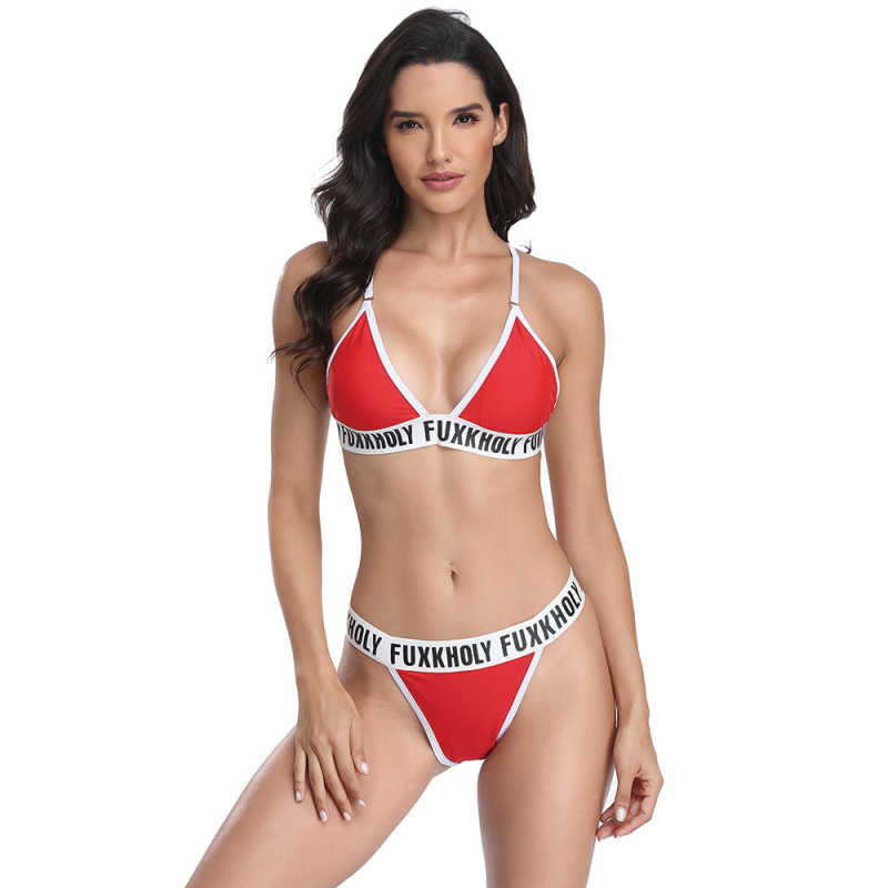 Red Letters Print Bandage Bikini Set TQK610204-3