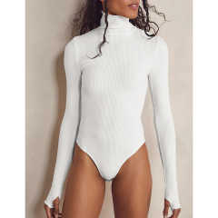 White Ribbed High Collar Long Sleeve Bodysuit TQV220125-1