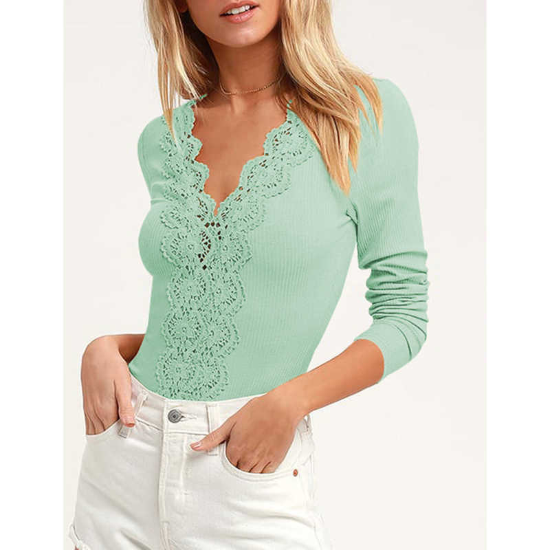 Green Lace V Neck Long Sleeve Bodysuit TQV220109-9