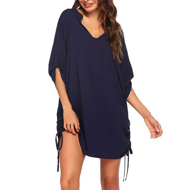 Navy Blue V Neck Drawstring Beach Cover Dress TQK650071-34