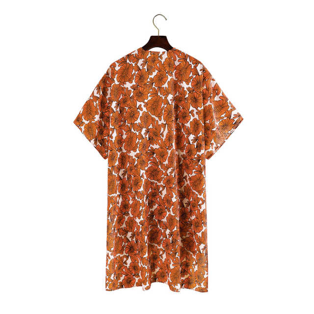 Orange Floral Print 1/2 Sleeves Chiffon Kimono TQK650089-14