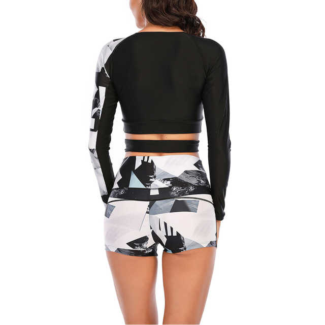 Black White Printed Long Sleeve Crop Top 2pcs Swimsuit TQK610226-37