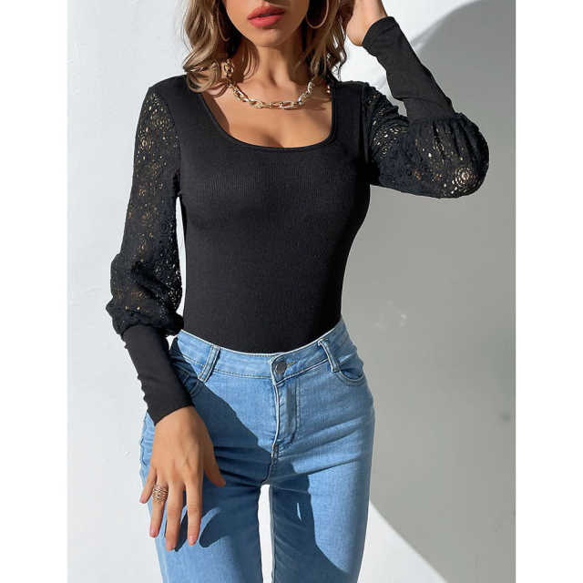 Black Spliced Lace Long Sleeve Bodysuit TQV220114-2